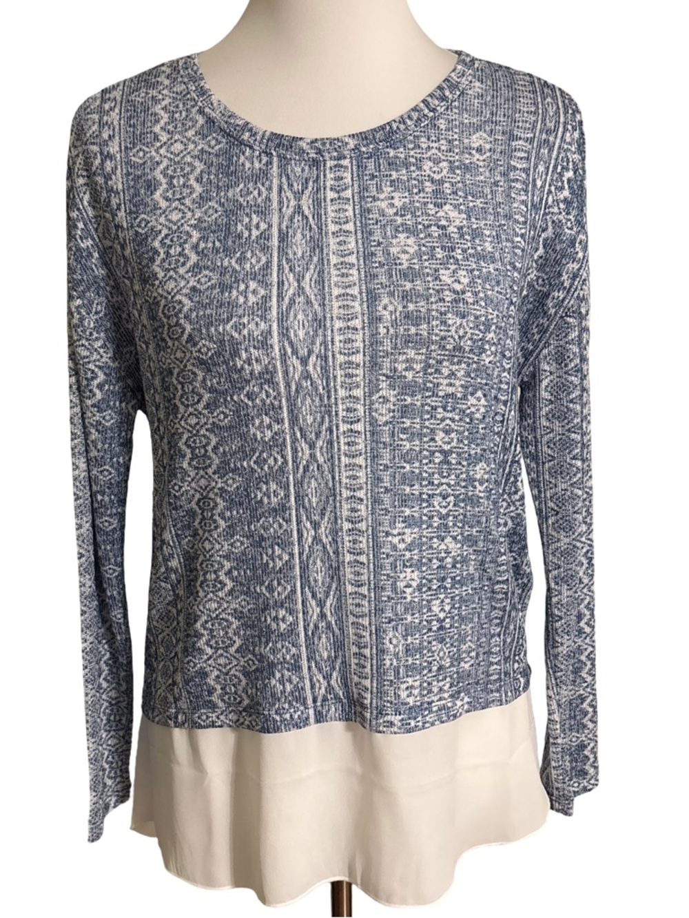 Kiara Blue Patterned Long Sleeve Layered Hem Top